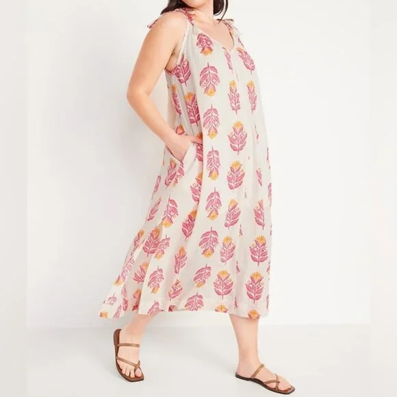 Old Navy Tie Shoulder Floral Sleeveless Maxi Swing Dress Medium Pockets Flowy - Picture 12 of 12